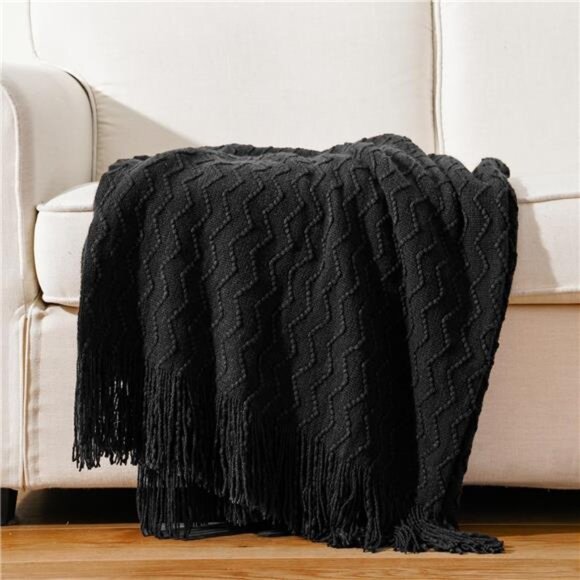 HOME Black Throw Blanket for Couch, Boho Throws for Home Decor, Soft - Picture 4 of 8